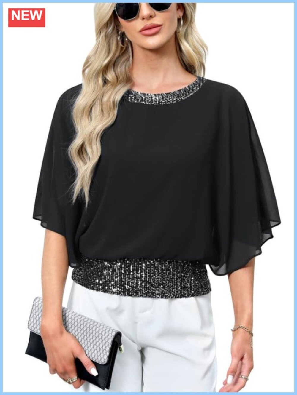 Women's Sequin Sparkle Tunic Top Dolman 3/4 Sleeve Cocktail Party Blouse